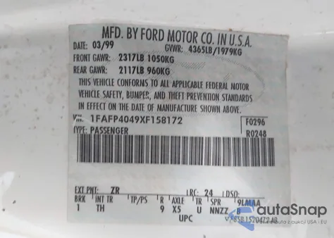 1999 Ford Mustang из США, поврежденный, VIN 1FAFP4049XF158172